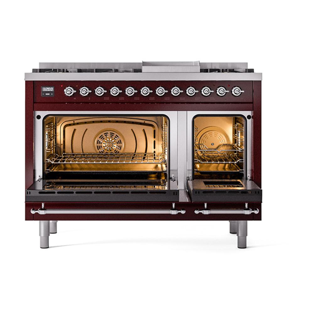 ILVE UN48FNMPBUCLP Nostalgie II Noblesse 48 inch Dual Fuel Range (8 Sealed Burners + Griddle, Liquid Propane, Triple Glass Door, Burgundy, Chrome)