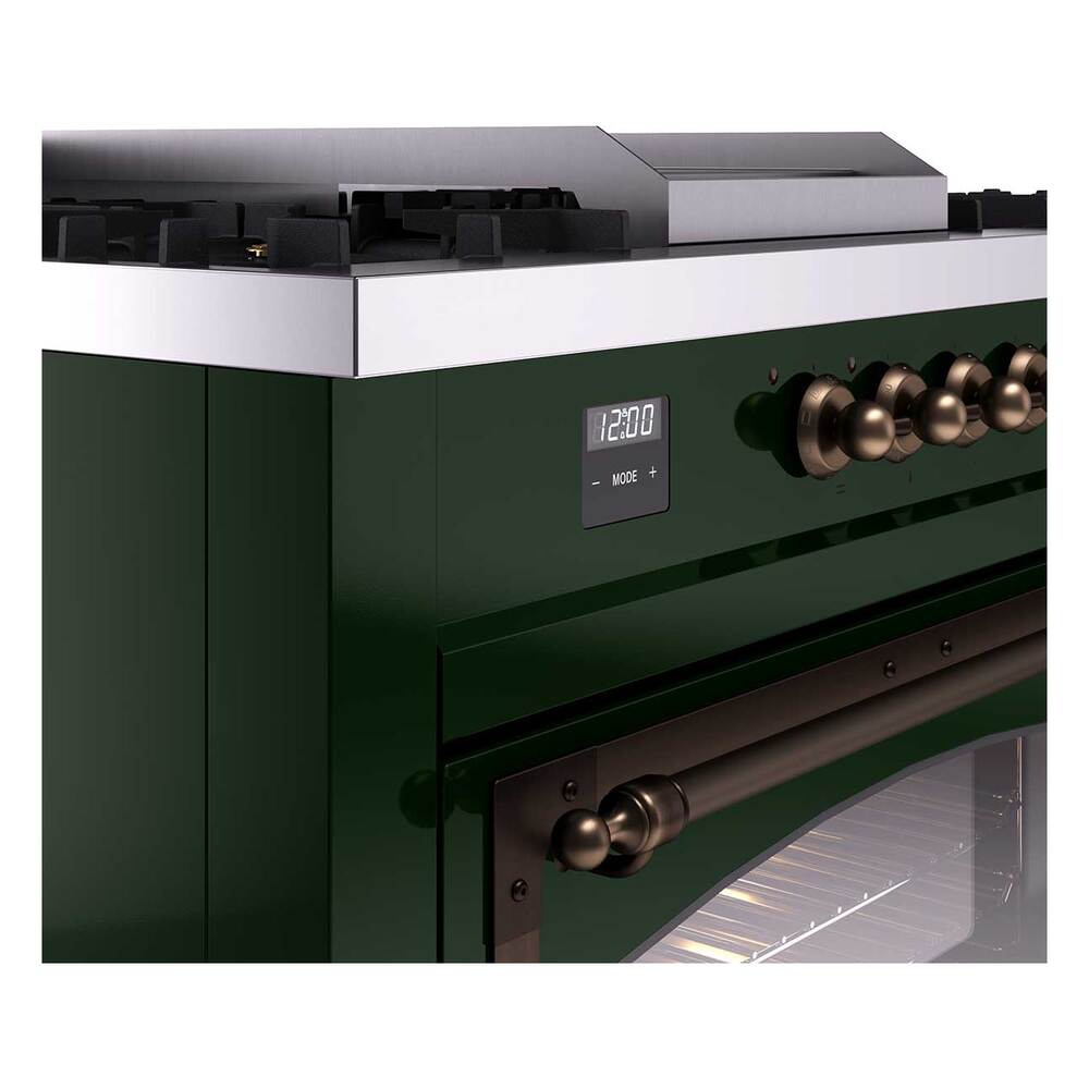 ILVE UN60FSNMPEGB Nostalgie II Noblesse 60 inch Dual Fuel Range (7 Sealed Burners + Griddle + French Top, Natural Gas, Triple Glass Door, Emerald Green, Burnished)