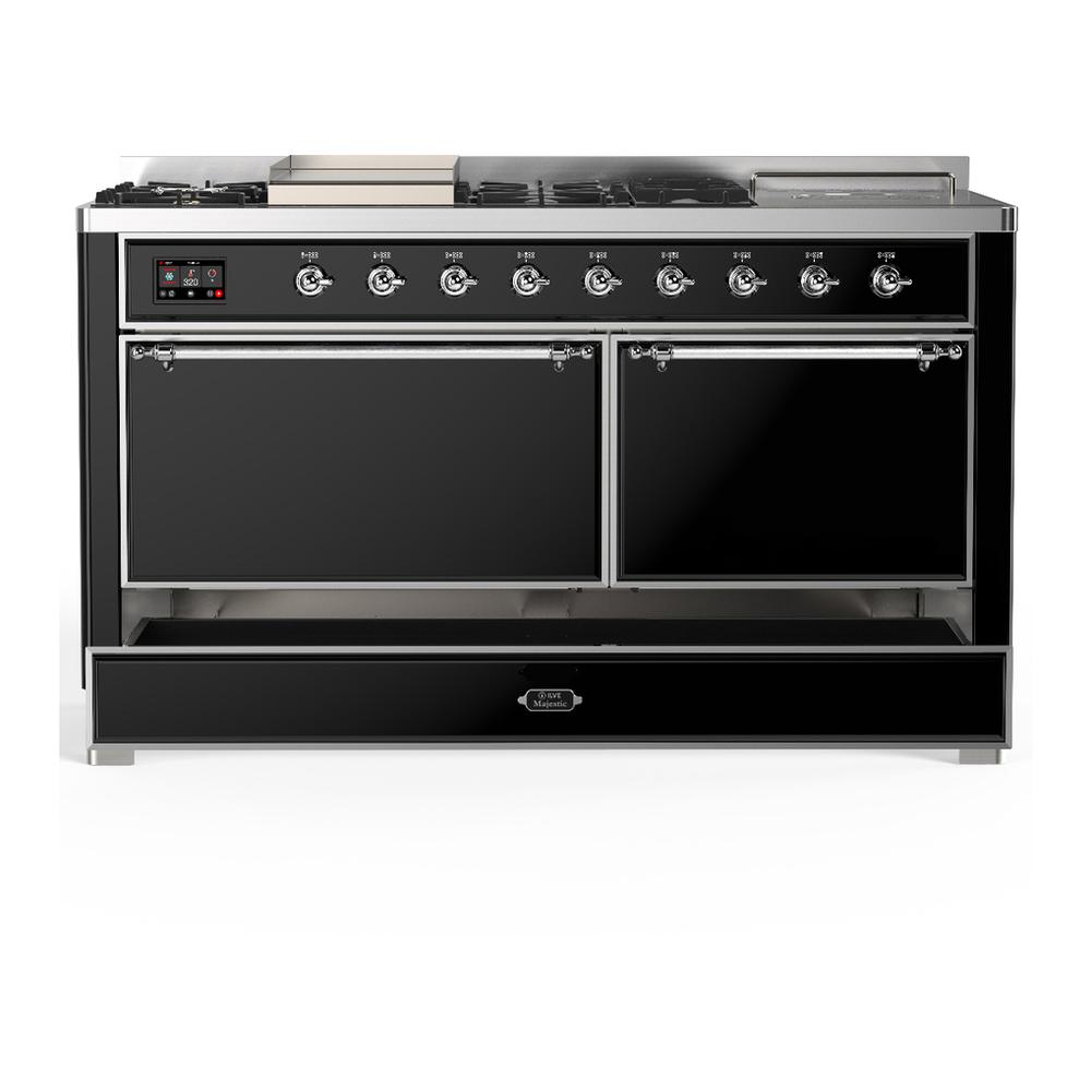 ILVE UM60FSQNR3BKC Majestic III 60 inch Dual Fuel Range with 7 Burners, Griddle and French Top, Dual Function Burner with up to 25,000 BTU (Natural Gas, Solid Door, Glossy Black, Chrome)