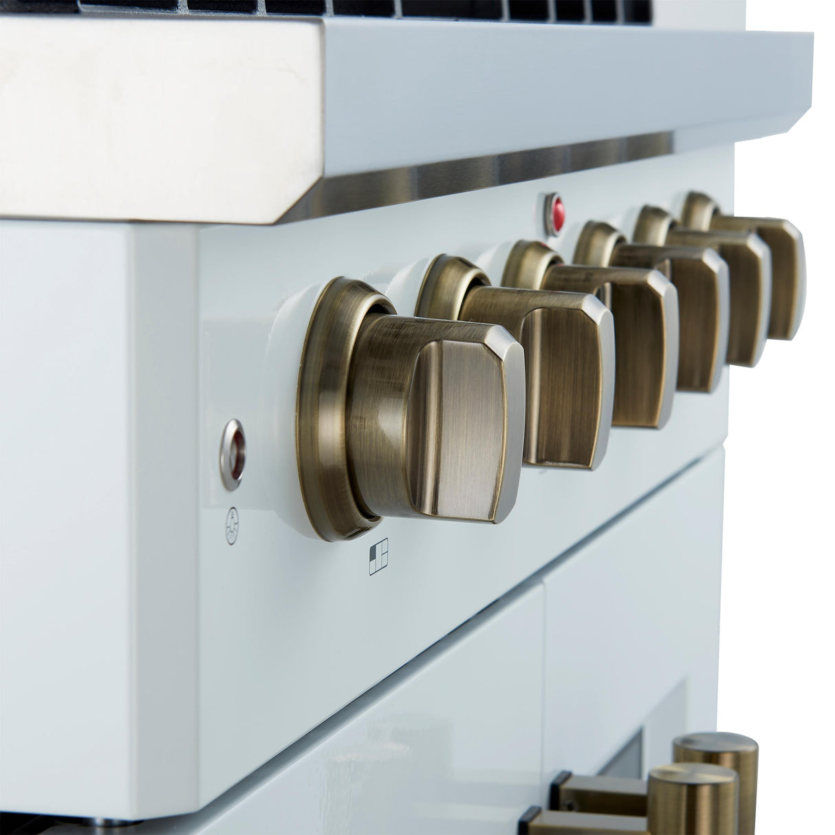 Forno Galiano 30-inch French Door Gas RangenWhite with Antique Brass Design, 5 Burners,n68,000 BTU, 4.32 cu.ft. Convection Oven
