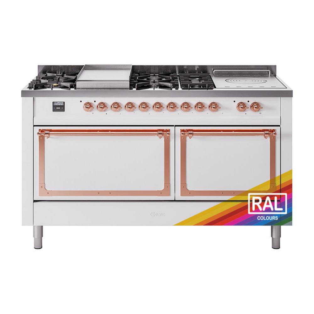 ILVE UN60FSQNMPRAPLP Nostalgie II Noblesse 60 inch Dual Fuel Range (7 Sealed Burners + Griddle + French Top, Liquid Propane, Solid Door, RAL, Copper)