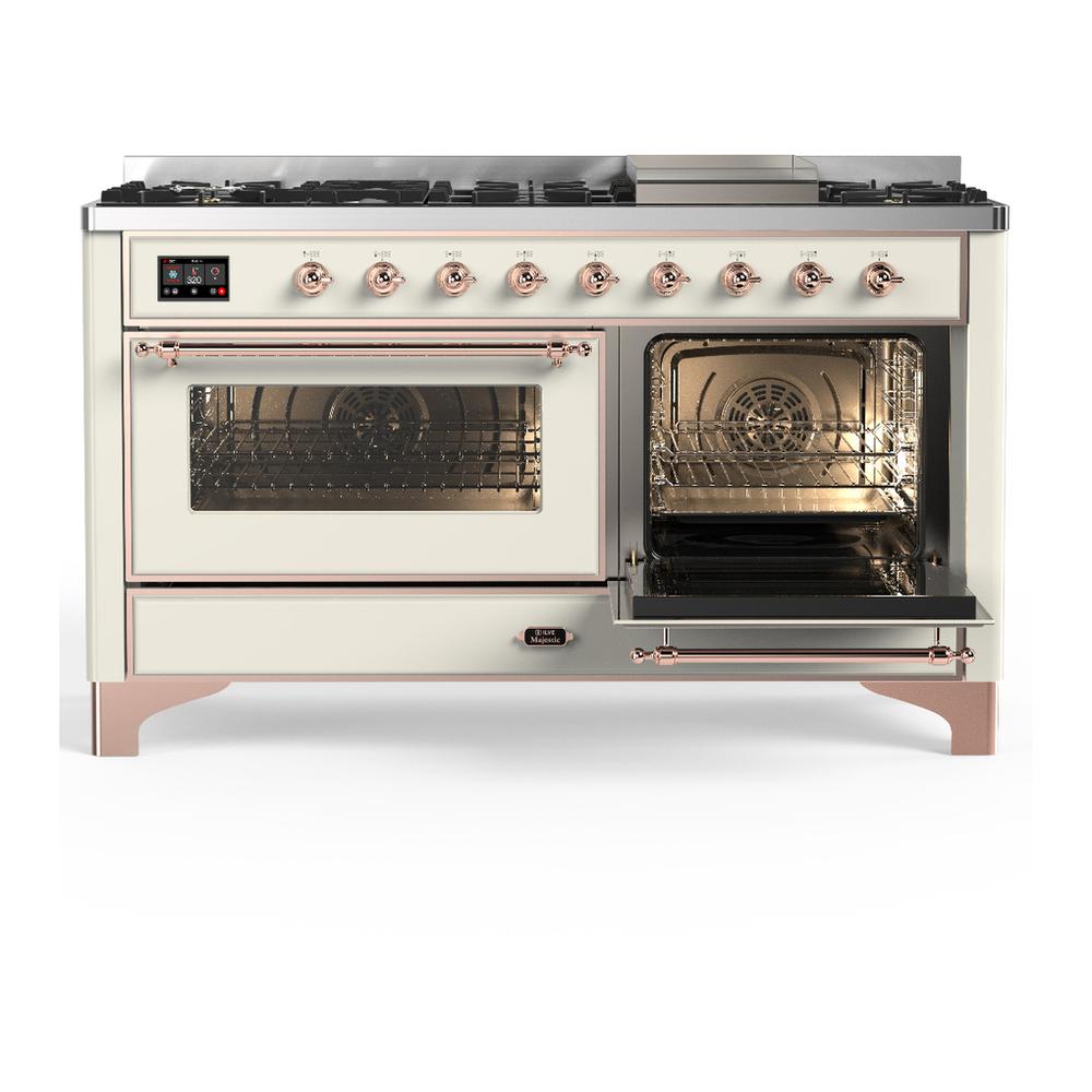 ILVE UM60FNR3AWPLP Majestic III 60 inch Dual Fuel Range with 9 Burners and Griddle, Dual Function Burner up to 25,000 BTU (Liquid Propane, Triple Glass Door, Antique White, Copper)