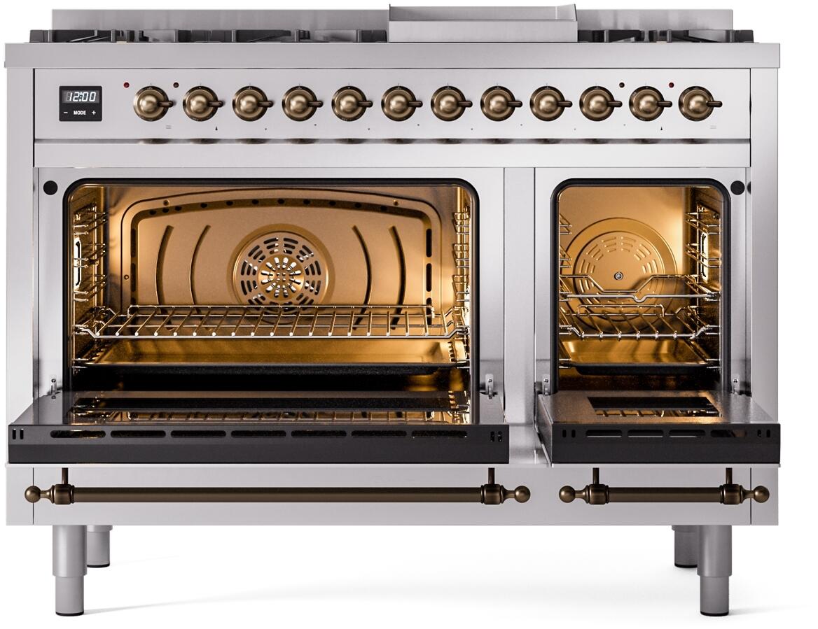 Nostalgie II 48 Inch Dual Fuel Liquid Propane Freestanding Range in Stainless Steel with Bronze Trim