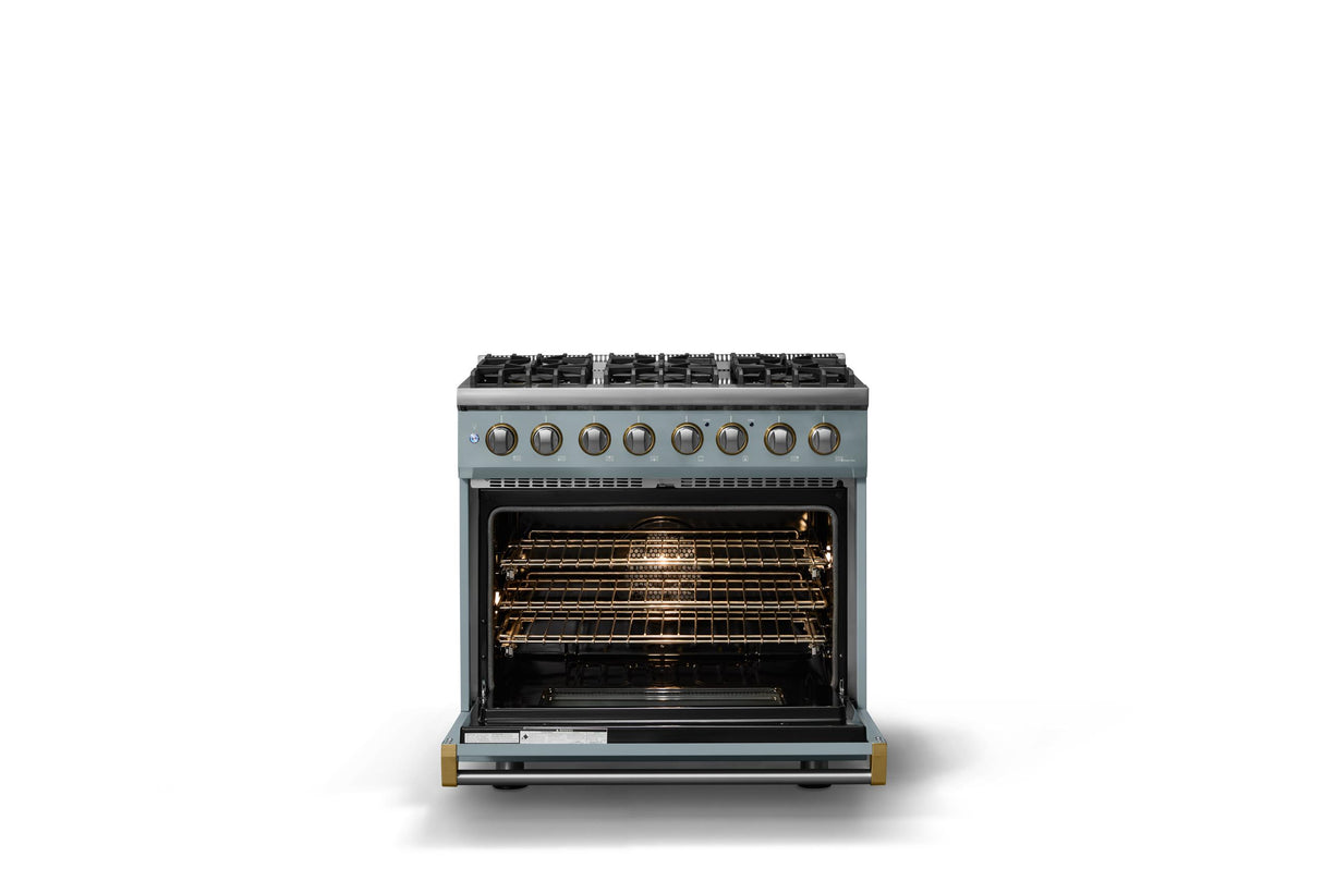 36"W. Dual Fuel Range (Burner: 6b, Finish: November Sky, Trim: Brushed Brass, Fuel: Propane)