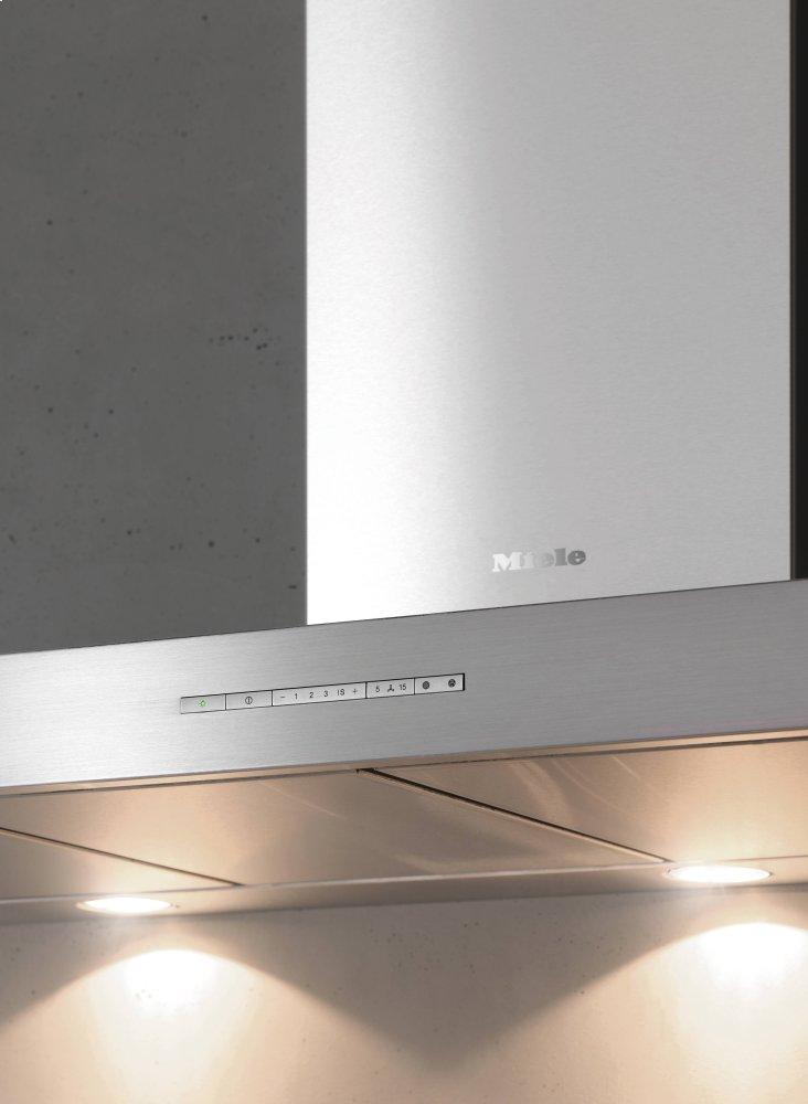 DA 6596 D Puristic Canto Stainless steel - Island d(eback)cor hood with energy-efficient LED lighting and backlit controls for easy use.