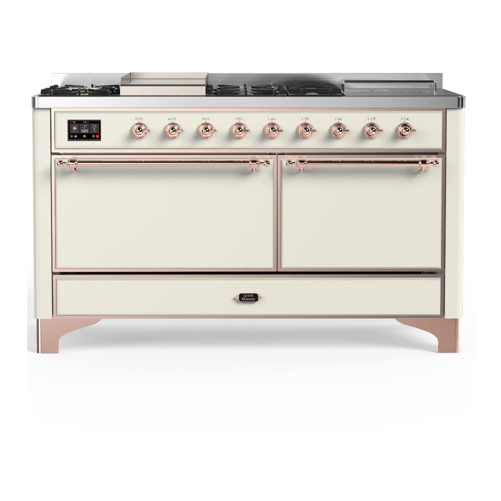 ILVE UM60FSQNR3AWPLP Majestic III 60 inch Dual Fuel Range with 7 Burners, Griddle and French Top, Dual Function Burner with up to 25,000 BTU (Liquid Propane, Solid Door, Antique White, Copper)