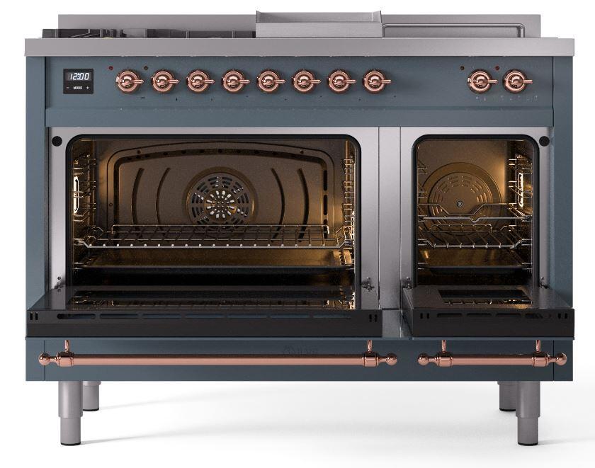 Nostalgie II 48 Inch Dual Fuel Liquid Propane Freestanding Range in Blue Grey with Copper Trim