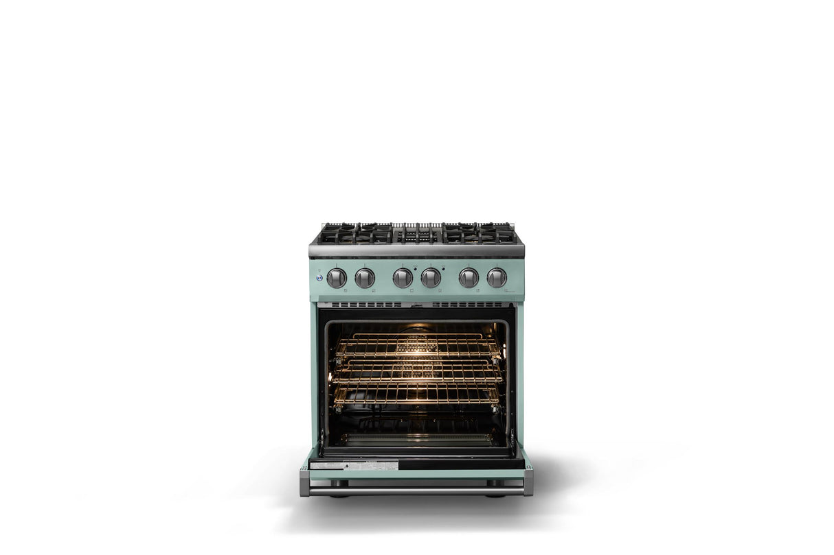 30"W. Dual Fuel Range (Finish: Splash, Trim: Polished Chrome, Fuel: Natural Gas)