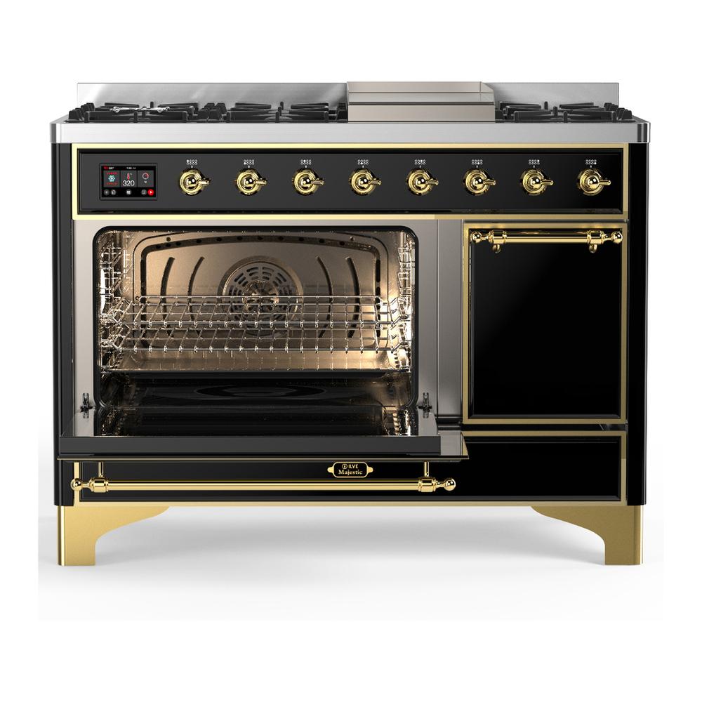 ILVE UM48FQNR3BKG Majestic III 48 inch Dual Fuel Range with 8 Burners and Griddle, Dual Function Burner up to 25,000 BTU (Natural Gas, Solid Door, Glossy Black, Brass)