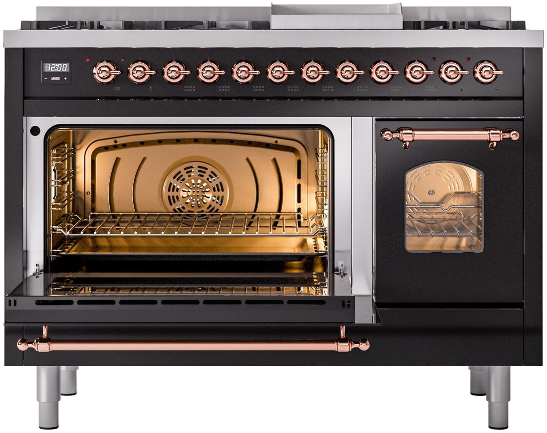 Nostalgie II 48 Inch Dual Fuel Natural Gas Freestanding Range in Glossy Black with Copper Trim