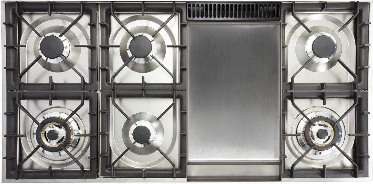 Nostalgie 48 Inch Dual Fuel Natural Gas Freestanding Range in Stainless Steel with Brass Trim