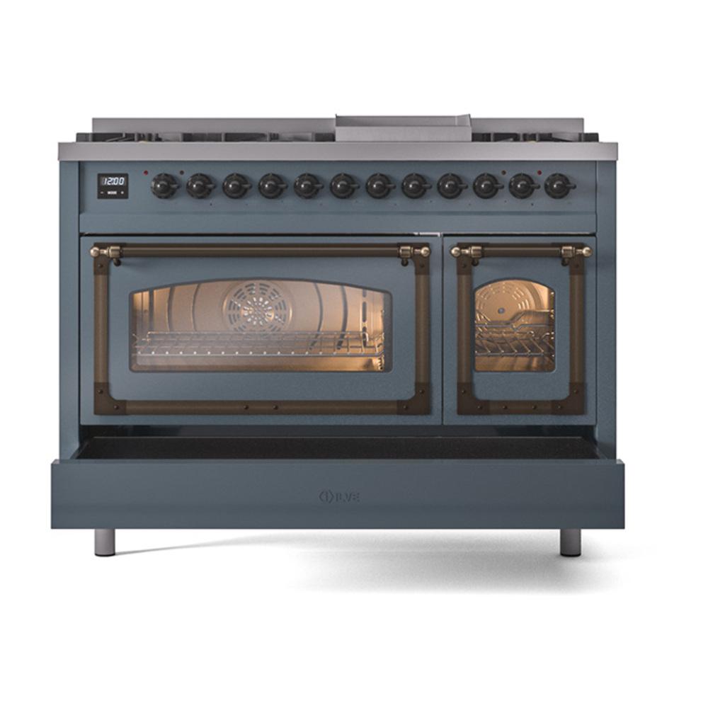ILVE UN48FNMPBGBLP Nostalgie II Noblesse 48 inch Dual Fuel Range (8 Sealed Burners + Griddle, Liquid Propane, Triple Glass Door, Blue Grey, Burnished)