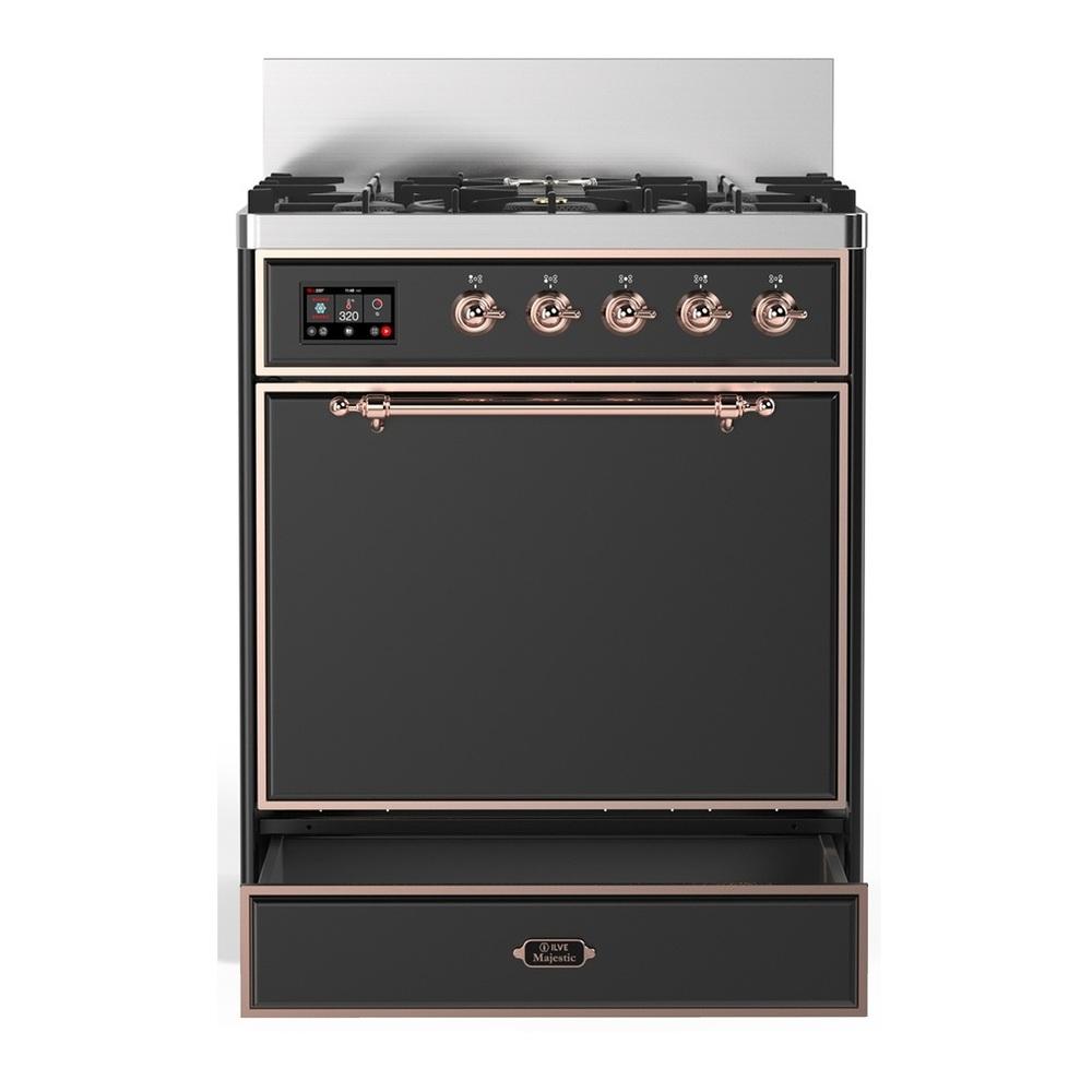 ILVE UM30QNR3MGPLP Majestic III 30 inch Dual Fuel Range with 5 Black Brass Burners, Dual Function Burner up to 25,000 BTU (Liquid Propane, Solid Door, Graphite Matte, Copper)