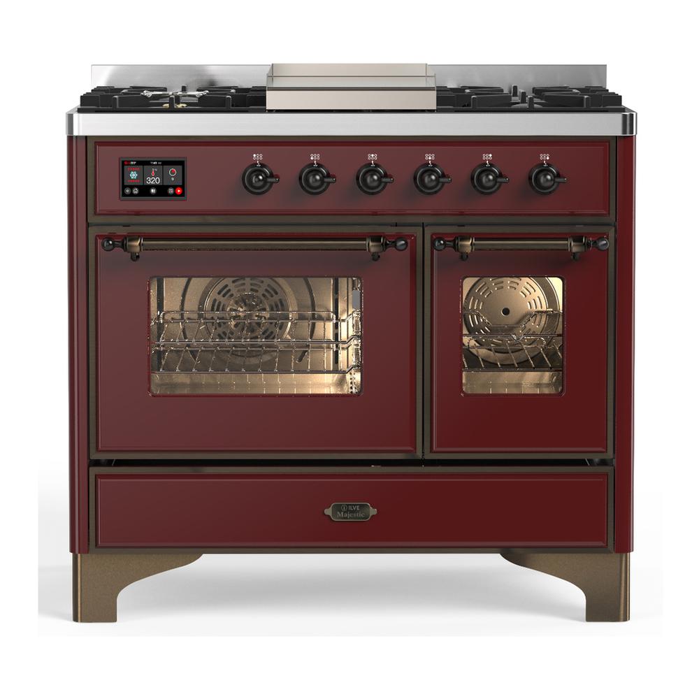 ILVE UMD40FNR3BUB Majestic III 40 inch Dual Fuel Range with 6 Burners and Griddle, Dual Function Burner up to 25,000 BTU (Natural Gas, Triple Glass Door, Burgundy, Burnished)