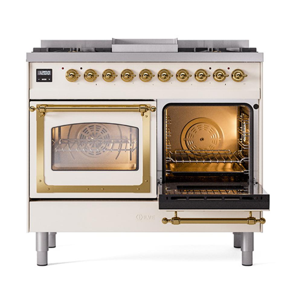 ILVE UND40FNMPAWG Nostalgie II Noblesse 40 inch Dual Fuel Range (Natural Gas, Triple Glass Door, Antique White, Brass)