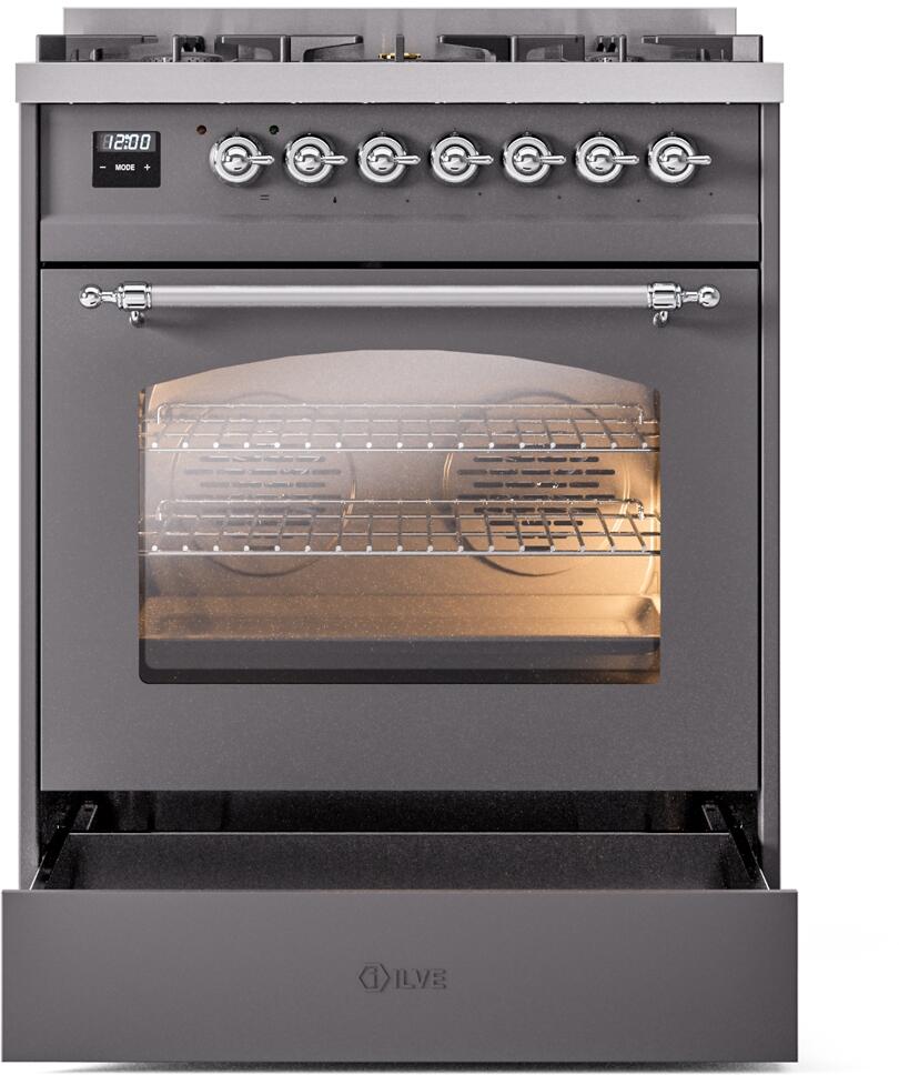 Nostalgie II 30 Inch Dual Fuel Natural Gas Freestanding Range in Matte Graphite with Chrome Trim