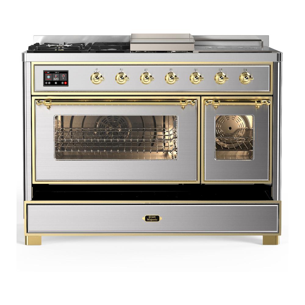 ILVE UM48FSNR3SSG Majestic III 48 inch Dual Fuel Range with 5 Black Brass Burners, Griddle and French Top, Dual Function Burner up to 25,000 BTU (Natural Gas, Triple Glass Door, Stainless Steel, Brass)