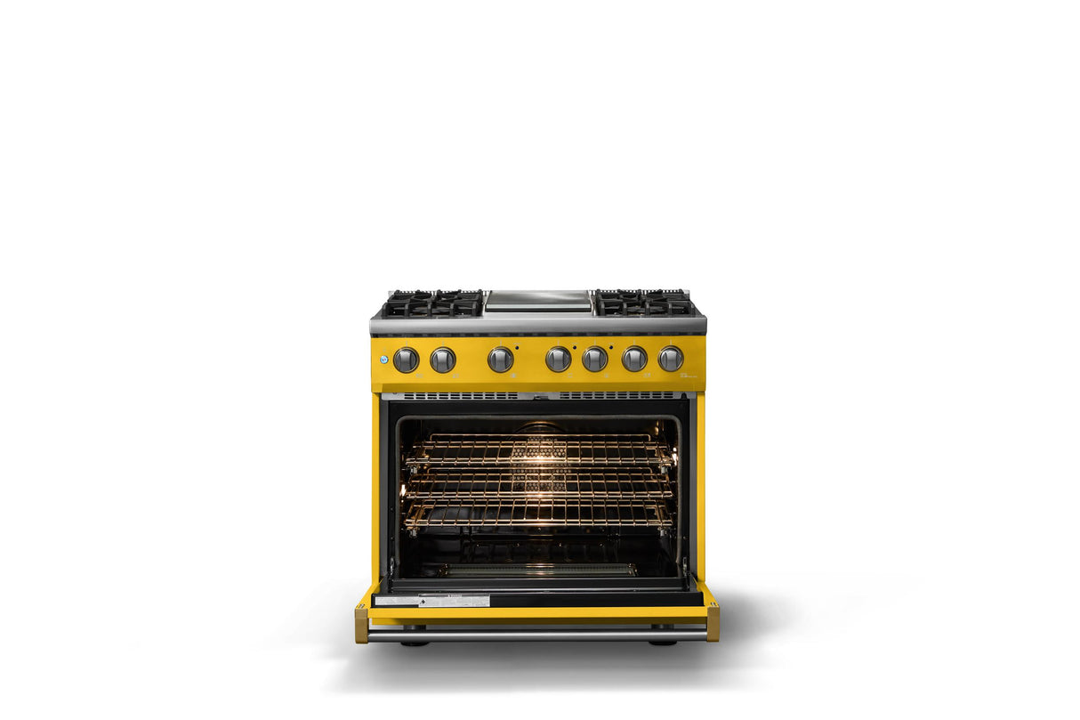 36"W. Dual Fuel Range (Burner: 4g, Finish: Daffodil, Trim: Brushed Brass, Fuel: Propane)