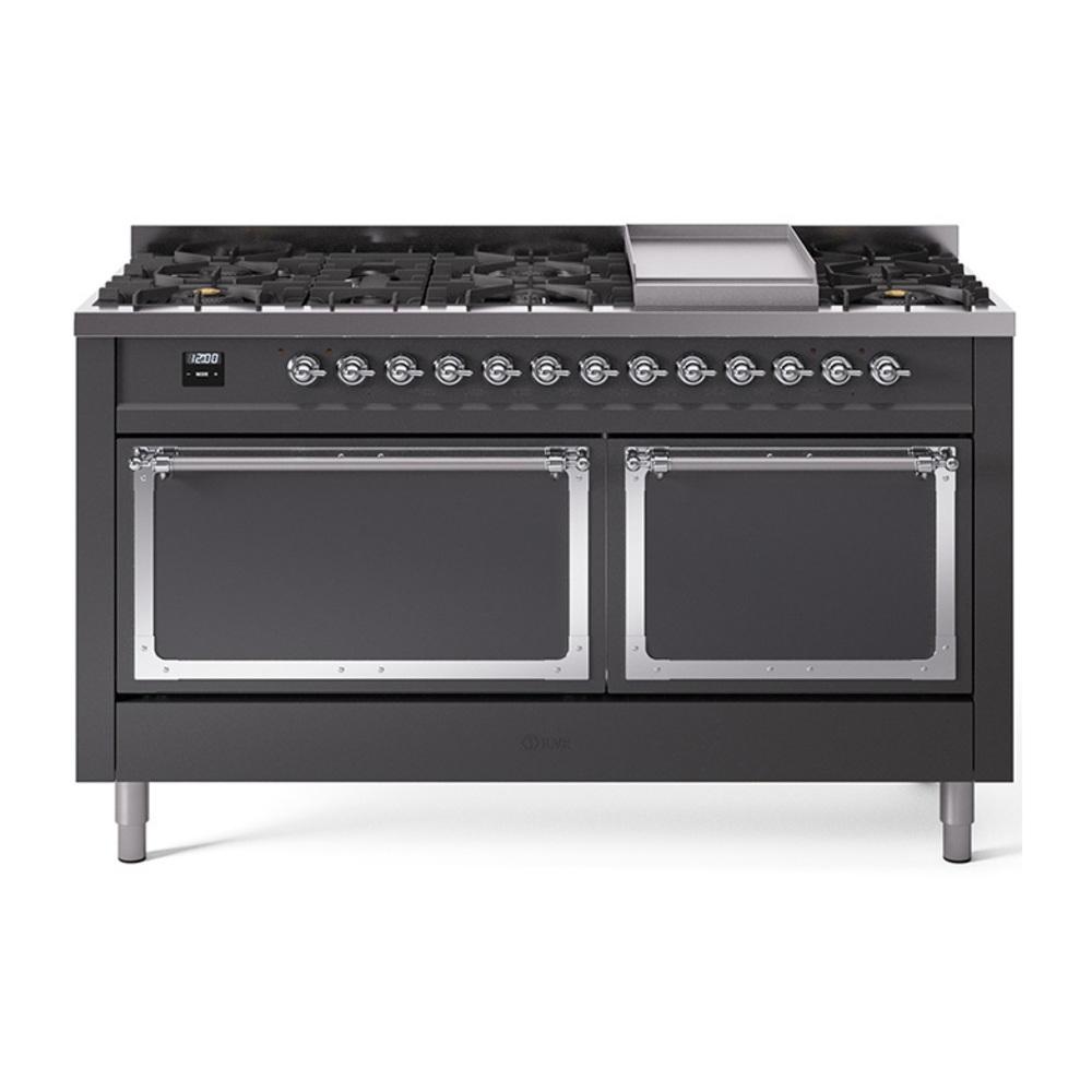 ILVE UN60FQNMPMGCLP Nostalgie II Noblesse 60 inch Dual Fuel Range (9 Sealed Burners + Griddle, Liquid Propane, Solid Door, Graphite Matte, Chrome)