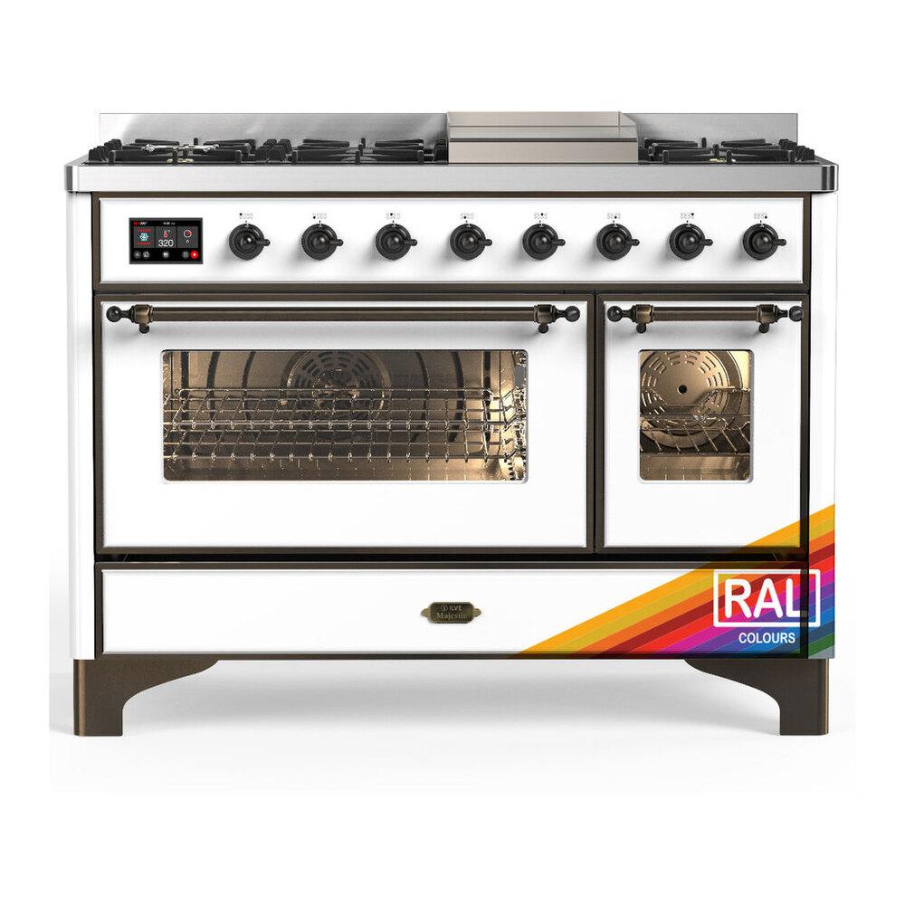 ILVE UM48FNR3RABLP Majestic III 48 inch Dual Fuel Range with 8 Burners and Griddle, Dual Function Burner up to 25,000 BTU (Liquid Propane, Triple Glass Door, RAL, Burnished)
