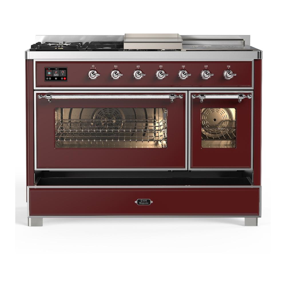 ILVE UM48FSNR3BUC Majestic III 48 inch Dual Fuel Range with 5 Black Brass Burners, Griddle and French Top, Dual Function Burner up to 25,000 BTU (Natural Gas, Triple Glass Door, Burgundy, Chrome)