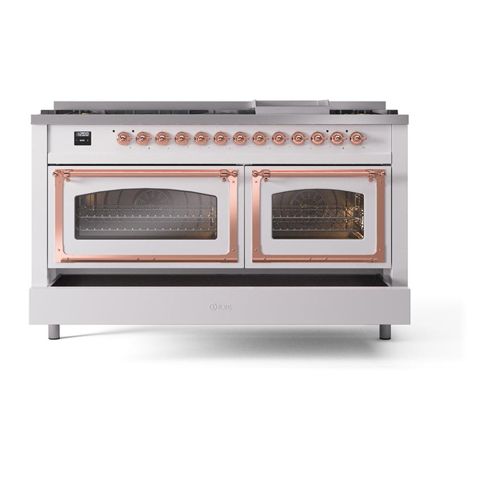 ILVE UN60FNMPWHP Nostalgie II Noblesse 60 inch Dual Fuel Range (9 Sealed Burners + Griddle, Natural Gas, Triple Glass Door, White, Copper)
