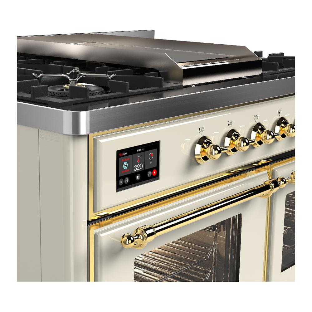 ILVE UMD40FNR3AWGLP Majestic III 40 inch Dual Fuel Range with 6 Burners and Griddle, Dual Function Burner up to 25,000 BTU (Liquid Propane, Triple Glass Door, Antique White, Brass)