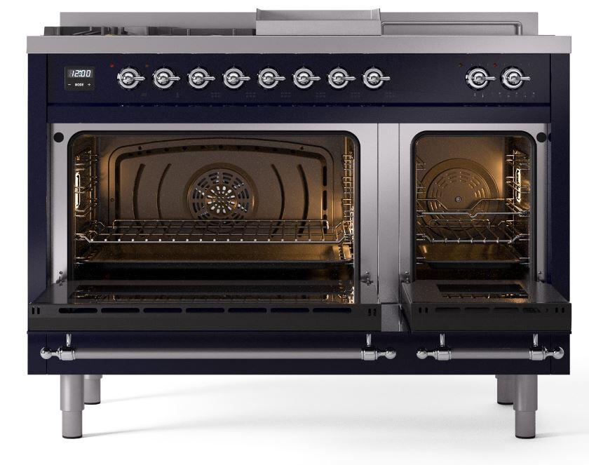 Nostalgie II 48 Inch Dual Fuel Natural Gas Freestanding Range in Blue with Chrome Trim