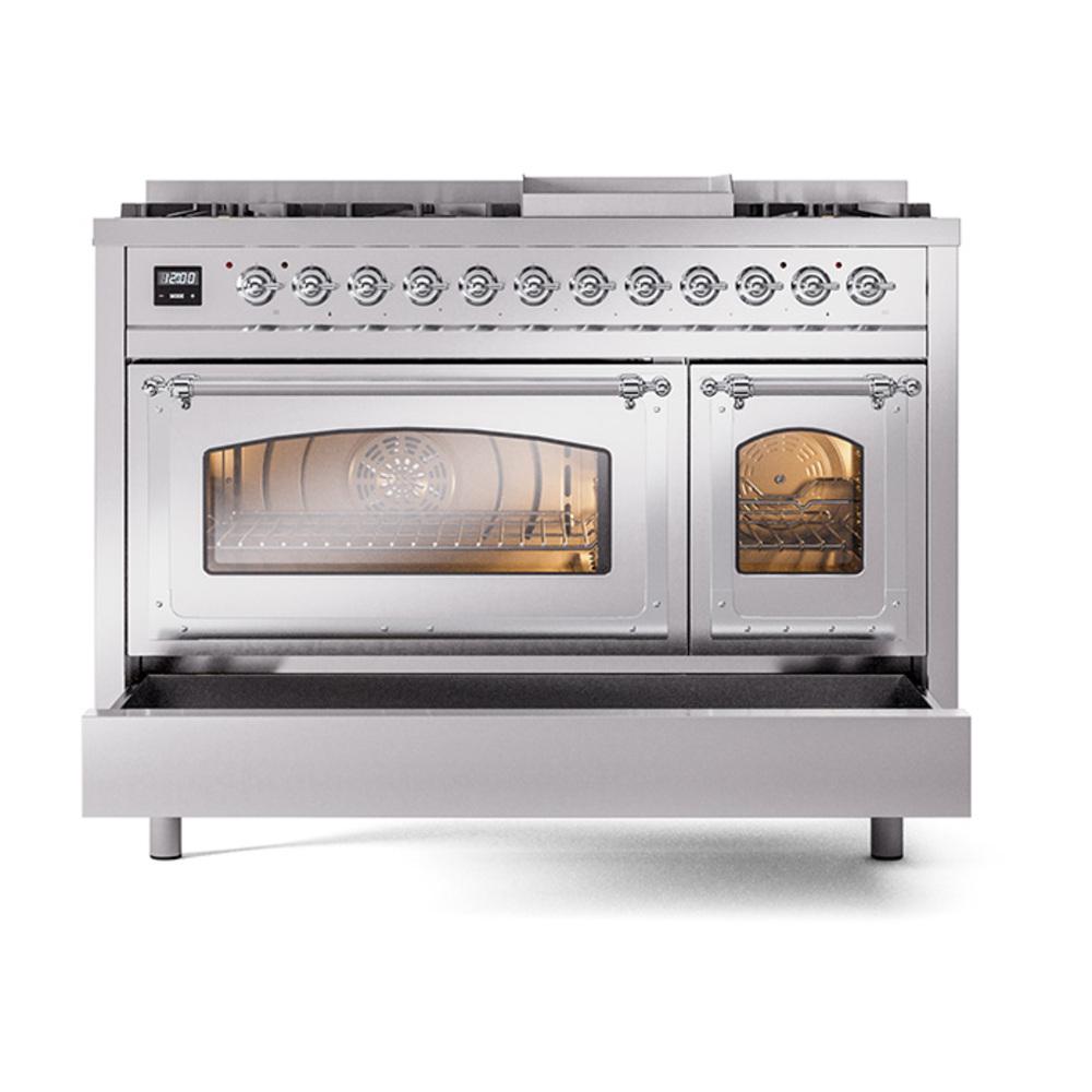ILVE UN48FNMPSSCLP Nostalgie II Noblesse 48 inch Dual Fuel Range (8 Sealed Burners + Griddle, Liquid Propane, Triple Glass Door, Stainless Steel, Chrome)