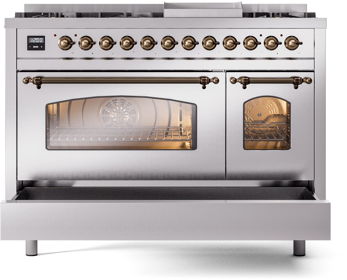 Nostalgie II 48 Inch Dual Fuel Natural Gas Freestanding Range in Stainless Steel with Bronze Trim