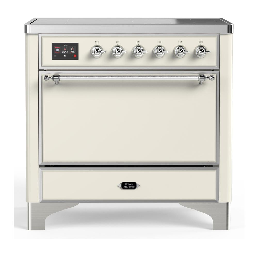 ILVE UMIB36QNR3AWC Majestic III 36 inch Induction Range with 6 Elements, 3.5 cu. ft. Total Oven Capacity (Solid Door, Antique White, Chrome)