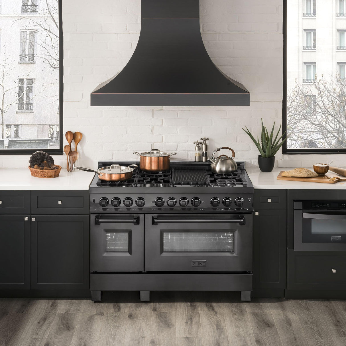 ZLINE 48" 6.0 cu. ft. Dual Fuel Range with Gas Stove and Electric Oven in Black Stainless Steel with Brass Burners (RAB-48)