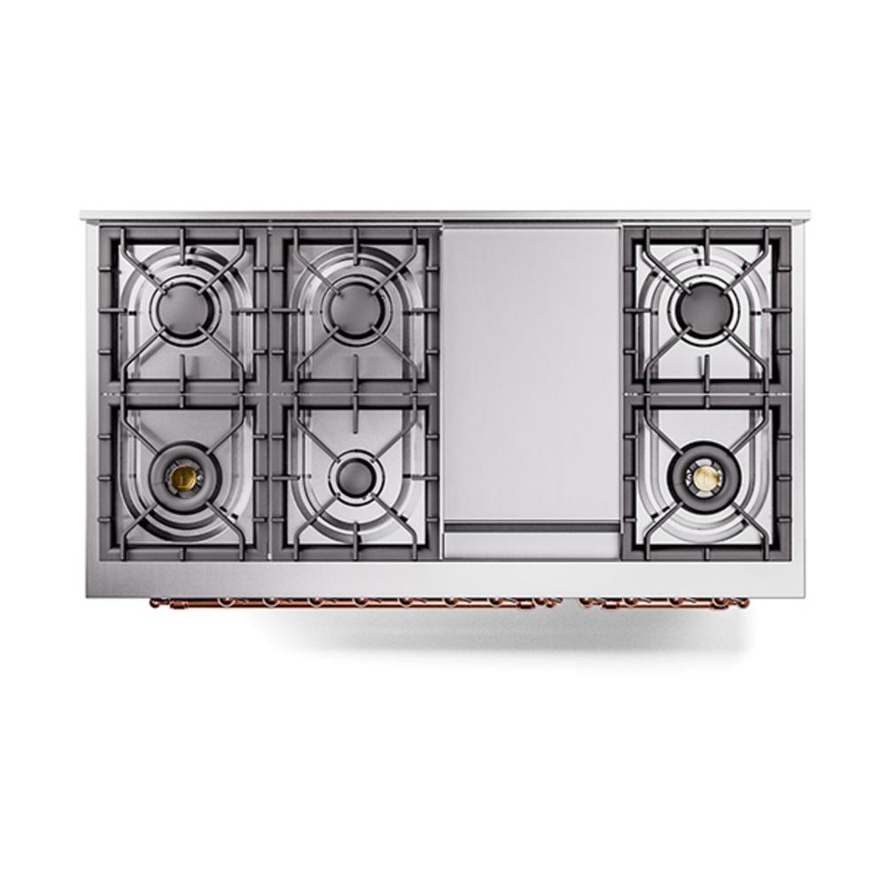 ILVE UN48FNMPBGPLP Nostalgie II Noblesse 48 inch Dual Fuel Range (8 Sealed Burners + Griddle, Liquid Propane, Triple Glass Door, Blue Grey, Copper)