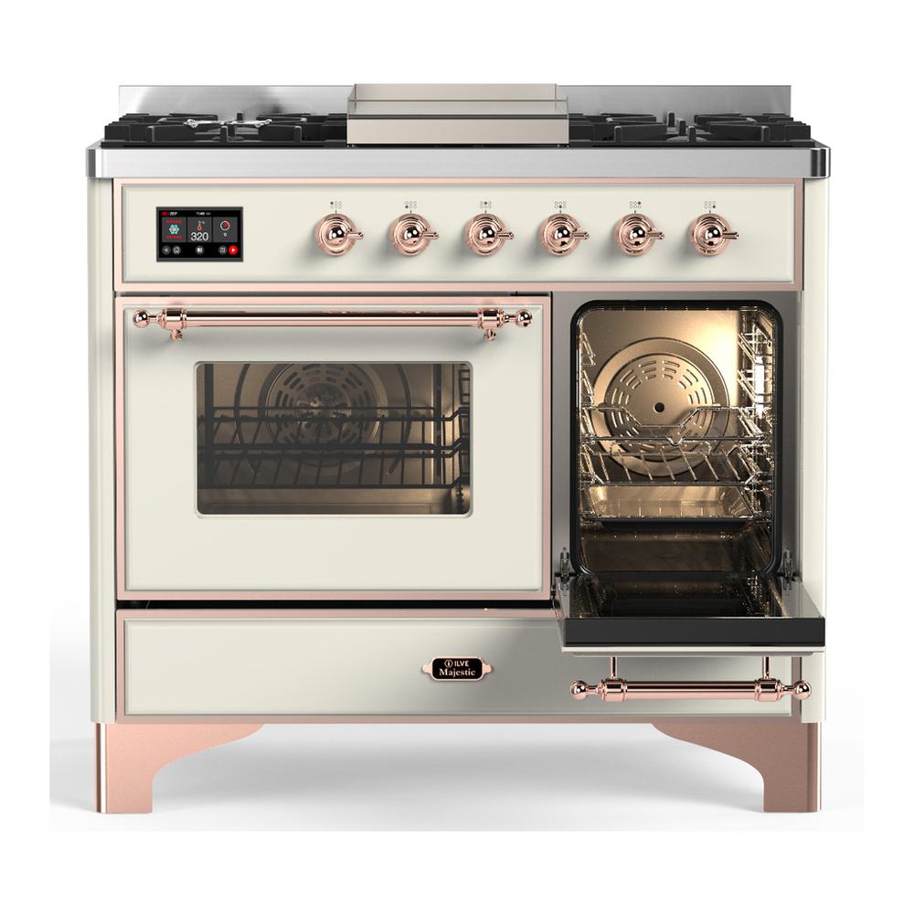 ILVE UMD40FNR3AWP Majestic III 40 inch Dual Fuel Range with 6 Burners and Griddle, Dual Function Burner up to 25,000 BTU (Natural Gas, Triple Glass Door, Antique White, Copper)