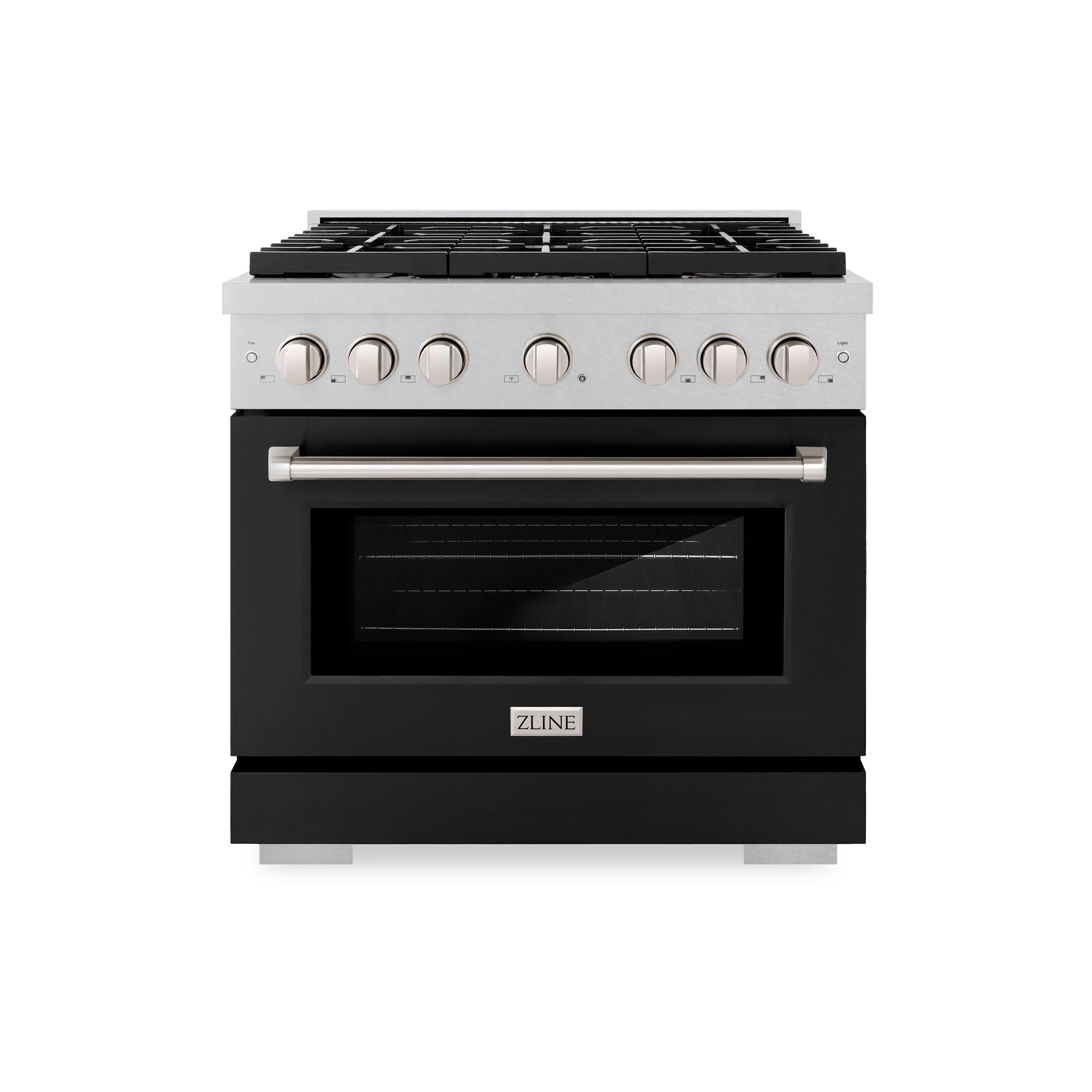 ZLINE 36 in. 5.2 cu. ft. 6 Burner Gas Range with Convection Gas Oven in DuraSnow' Stainless Steel with Black Matte Door (SGRS-BLM-36)