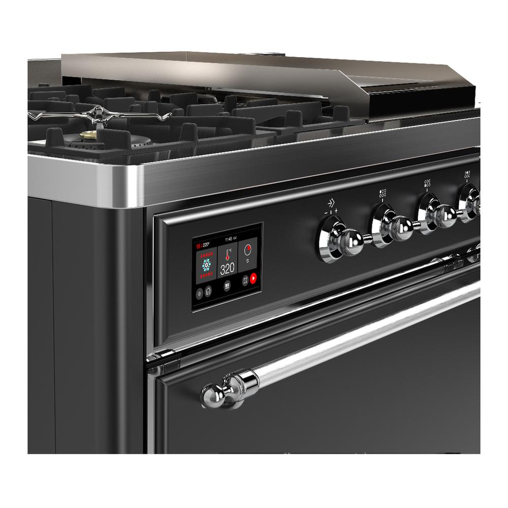 ILVE UM48FSQNR3MGC Majestic III 48 inch Dual Fuel Range with 5 Black Brass Burners, Griddle and French Top, Dual Function Burner up to 25,000 BTU (Natural Gas, Solid Door, Graphite Matte, Chrome)