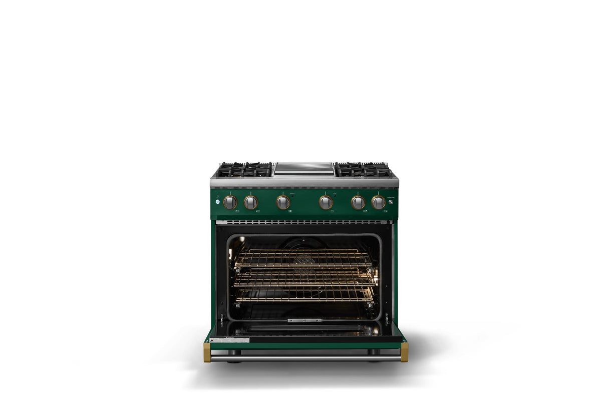 36"W. Sealed Burner Gas Range (Burner: 4g, Finish: Ivy, Trim: Polished Chrome, Fuel: Propane)