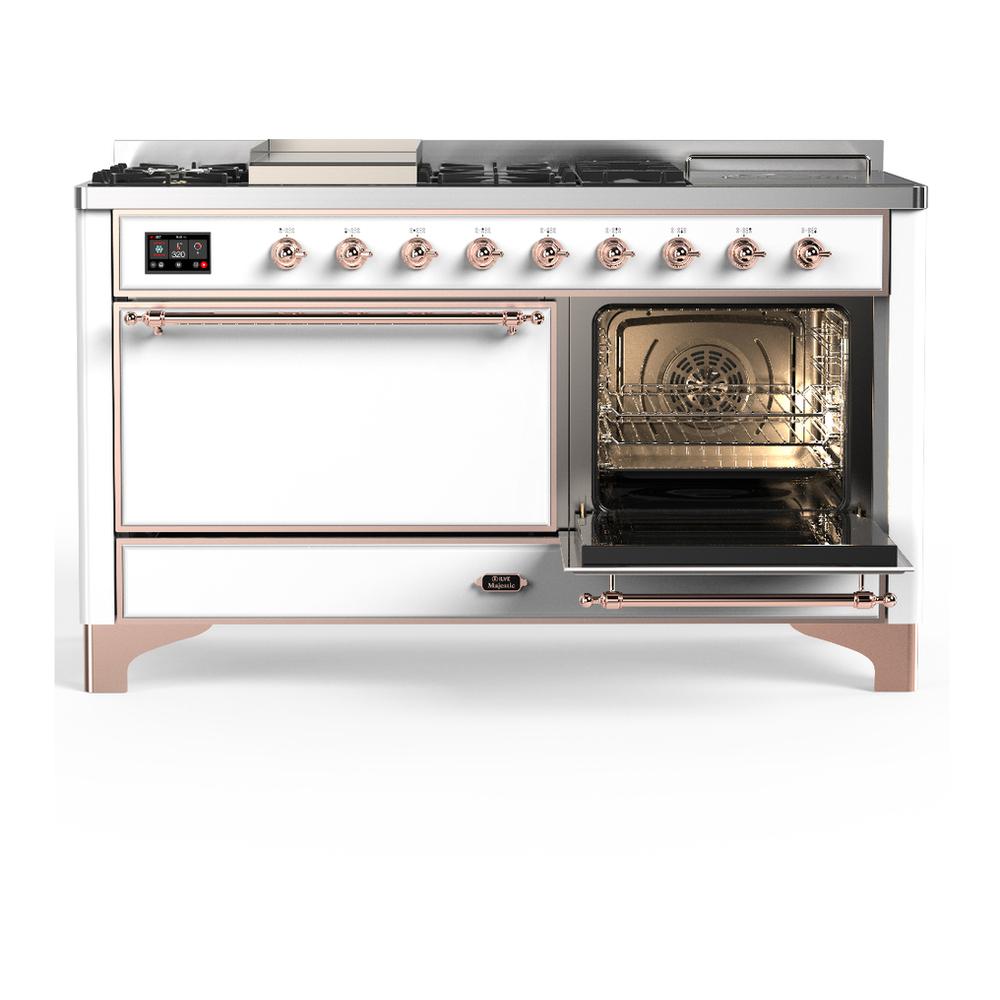 ILVE UM60FSQNR3WHPLP Majestic III 60 inch Dual Fuel Range with 7 Burners, Griddle and French Top, Dual Function Burner with up to 25,000 BTU (Liquid Propane, Solid Door, White, Copper)