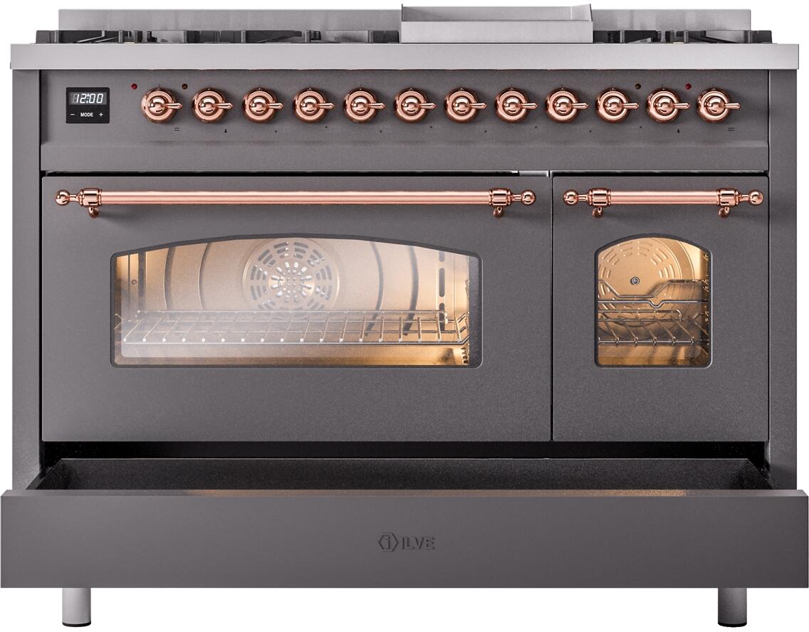 Nostalgie II 48 Inch Dual Fuel Liquid Propane Freestanding Range in Matte Graphite with Copper Trim