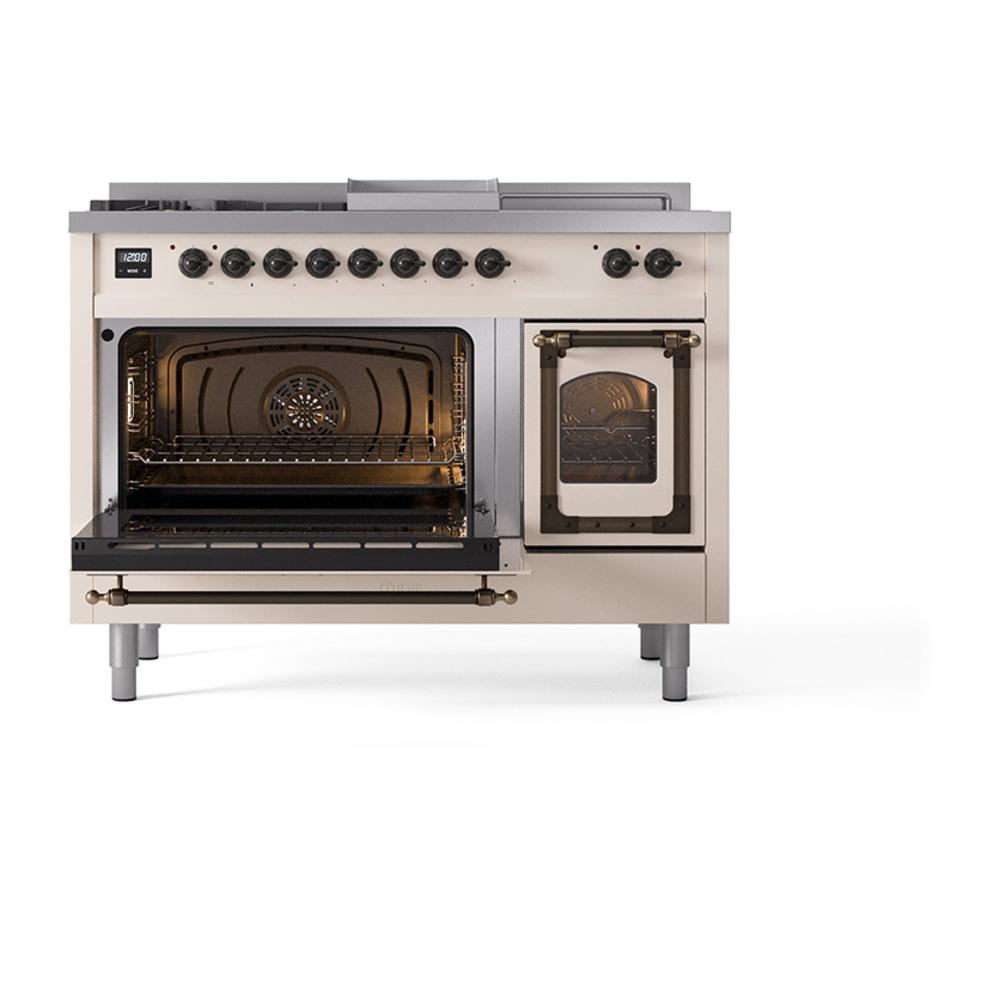 ILVE UN48FSNMPAWB Nostalgie II Noblesse 48 inch Dual Fuel Range (5 Sealed Burners + Griddle + French Top, Natural Gas, Triple Glass Door, Antique White, Burnished)