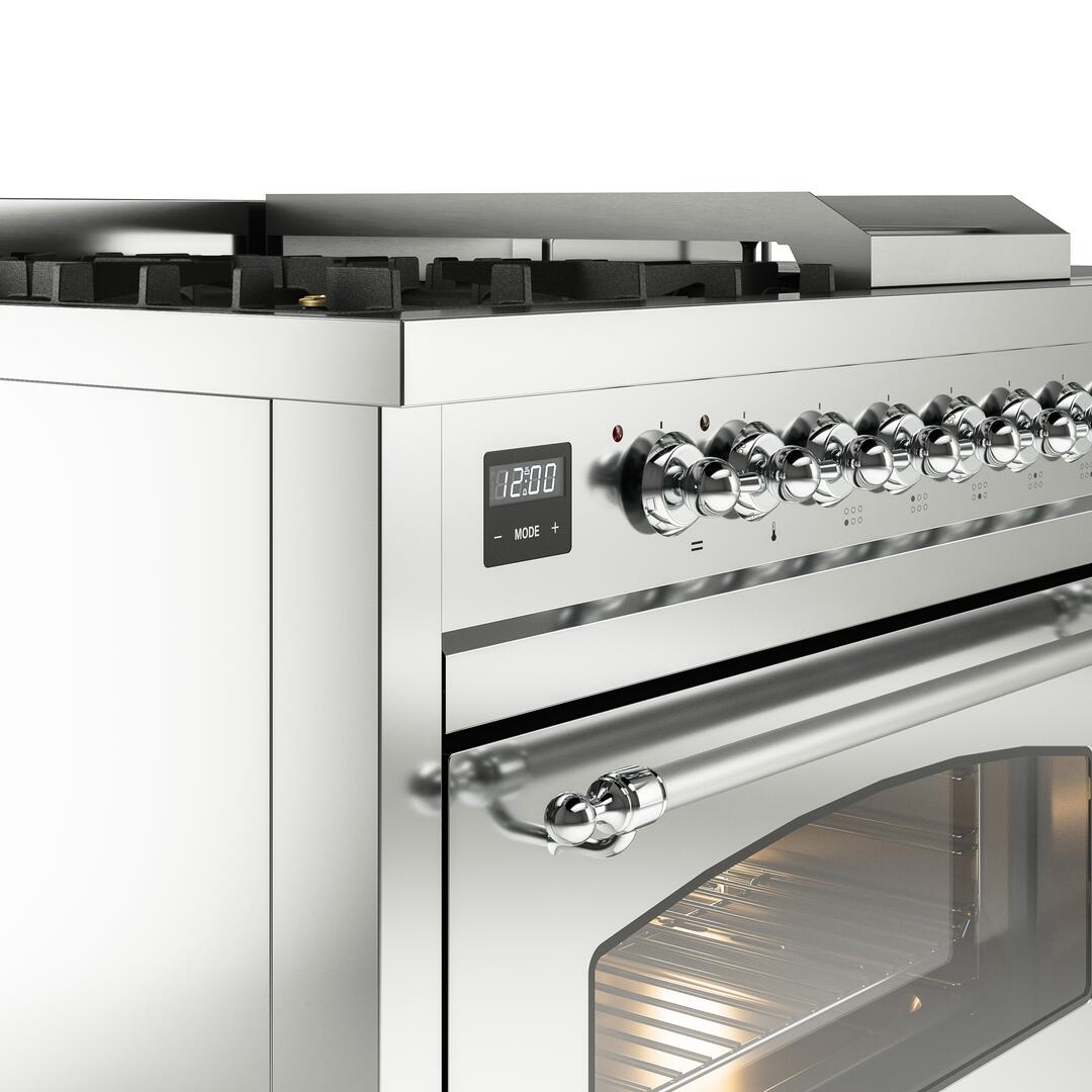 Nostalgie II 48 Inch Dual Fuel Natural Gas Freestanding Range in Stainless Steel with Chrome Trim