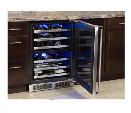 24" High Efficiency Dual Zone Wine Cellar - Stainless Frame, Glass Door With Lock - Integrated Right Hinge