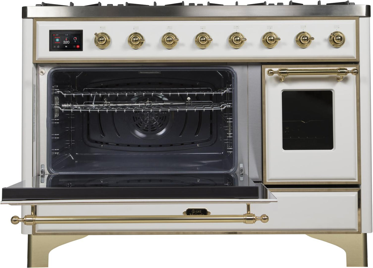 Majestic II 48 Inch Dual Fuel Liquid Propane Freestanding Range in White with Brass Trim