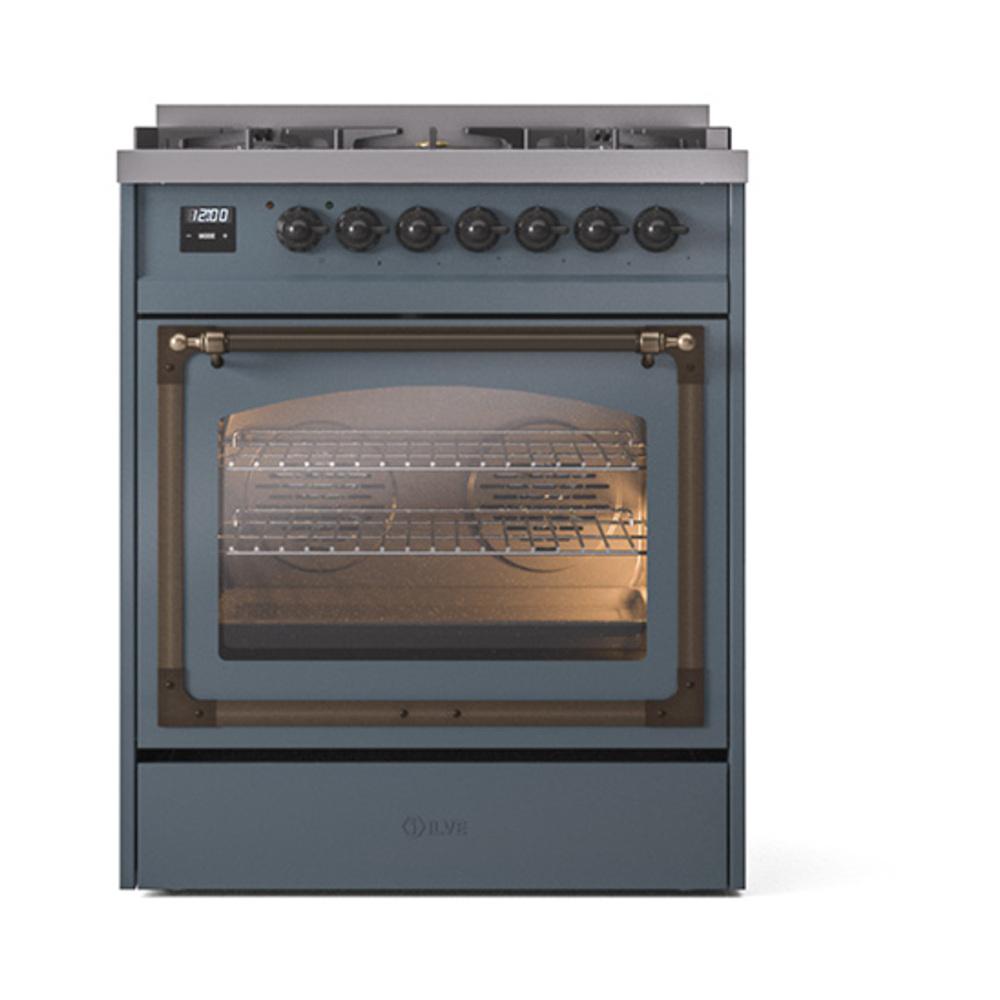ILVE UN30NMPBGBLP Nostalgie II Noblesse 30 inch Dual Fuel Range (Liquid Propane, Triple Glass Door, Blue Grey, Burnished)