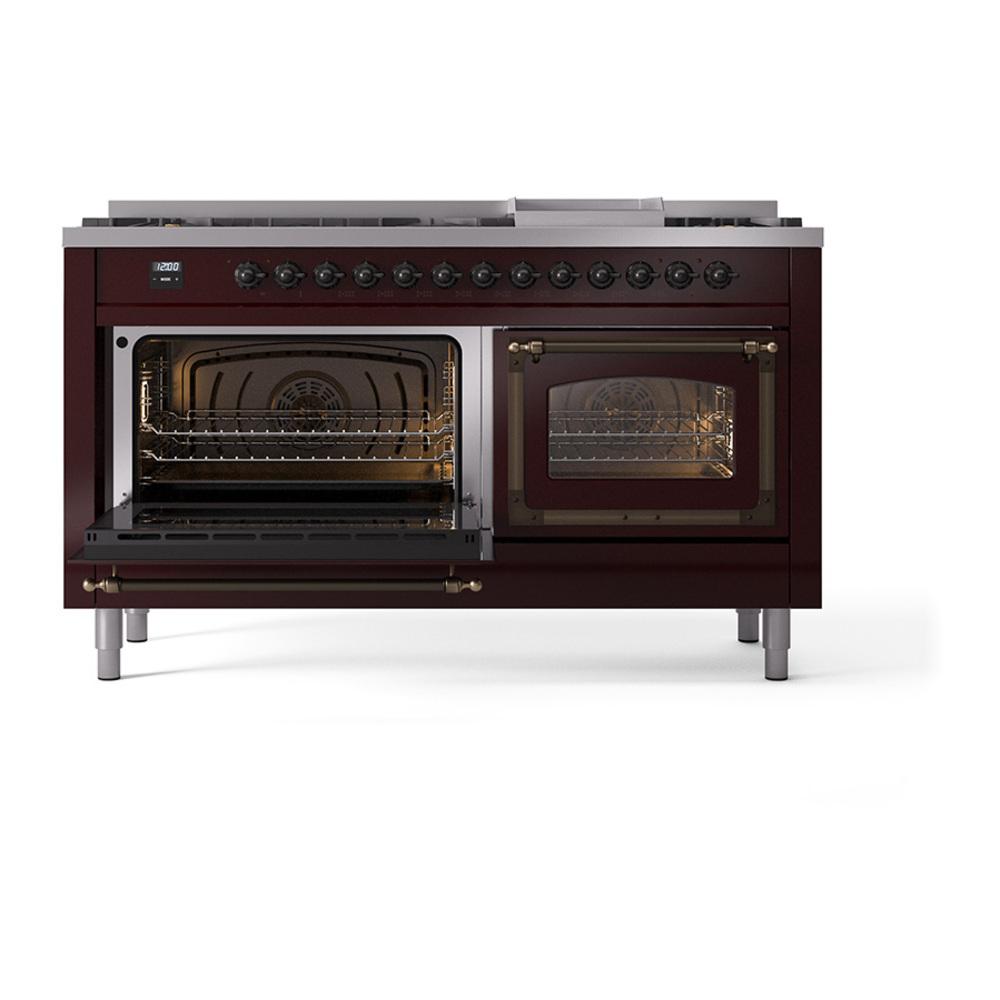 ILVE UN60FNMPBUBLP Nostalgie II Noblesse 60 inch Dual Fuel Range (9 Sealed Burners + Griddle, Liquid Propane, Triple Glass Door, Burgundy, Burnished)