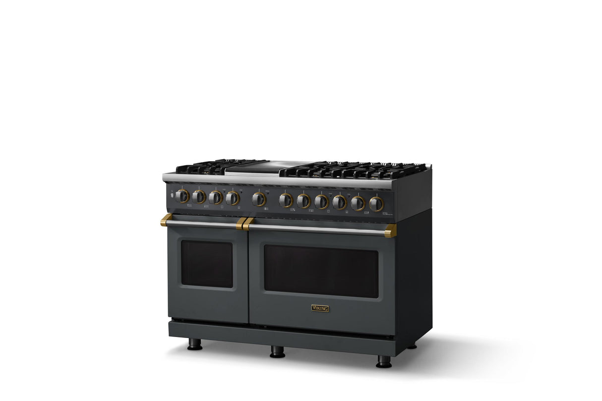 48"W. Dual Fuel Range (Burner: 6g, Finish: Cast Black, Trim: Brushed Brass, Fuel: Propane)