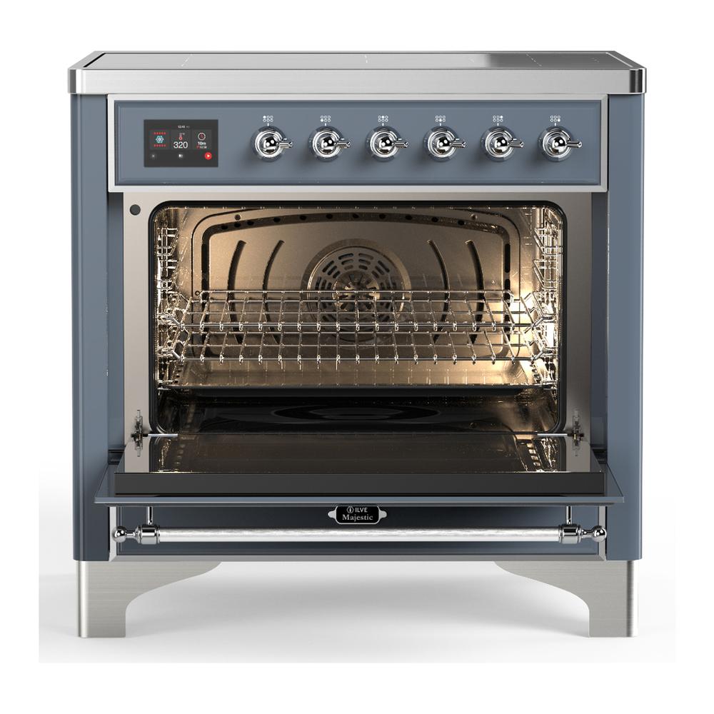 ILVE UMIB36QNR3BGC Majestic III 36 inch Induction Range with 6 Elements, 3.5 cu. ft. Total Oven Capacity (Solid Door, Blue Grey, Chrome)