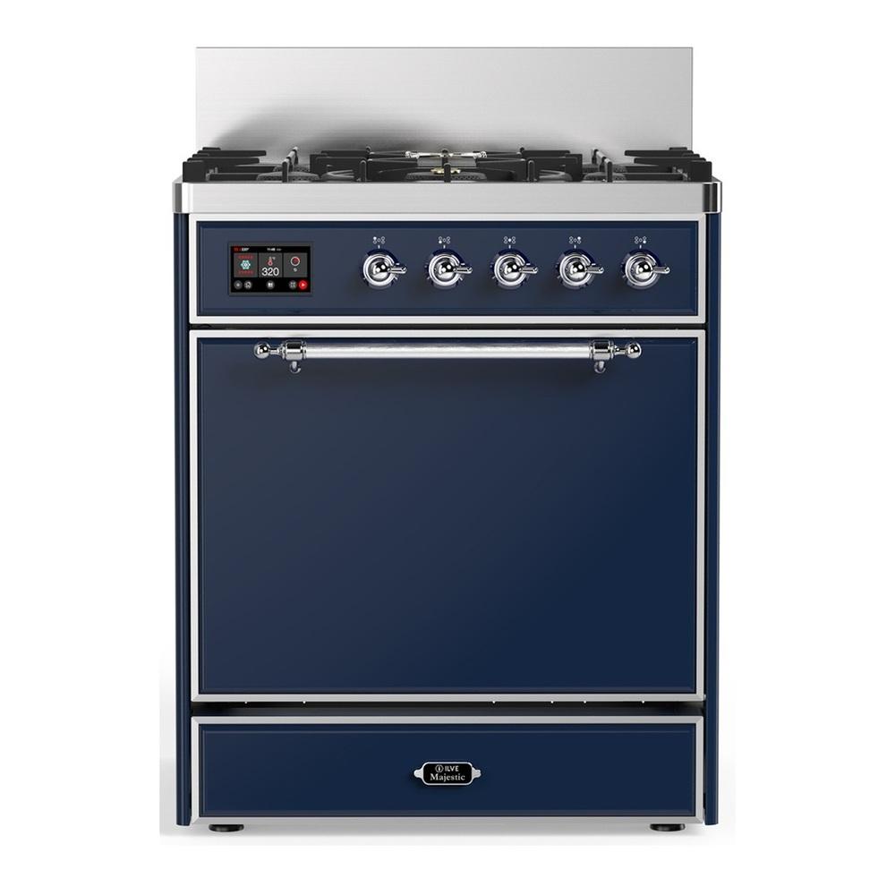ILVE UM30QNR3MBC Majestic III 30 inch Dual Fuel Range with 5 Black Brass Burners, Dual Function Burner up to 25,000 BTU (Natural Gas, Solid Door, Midnight Blue, Chrome)