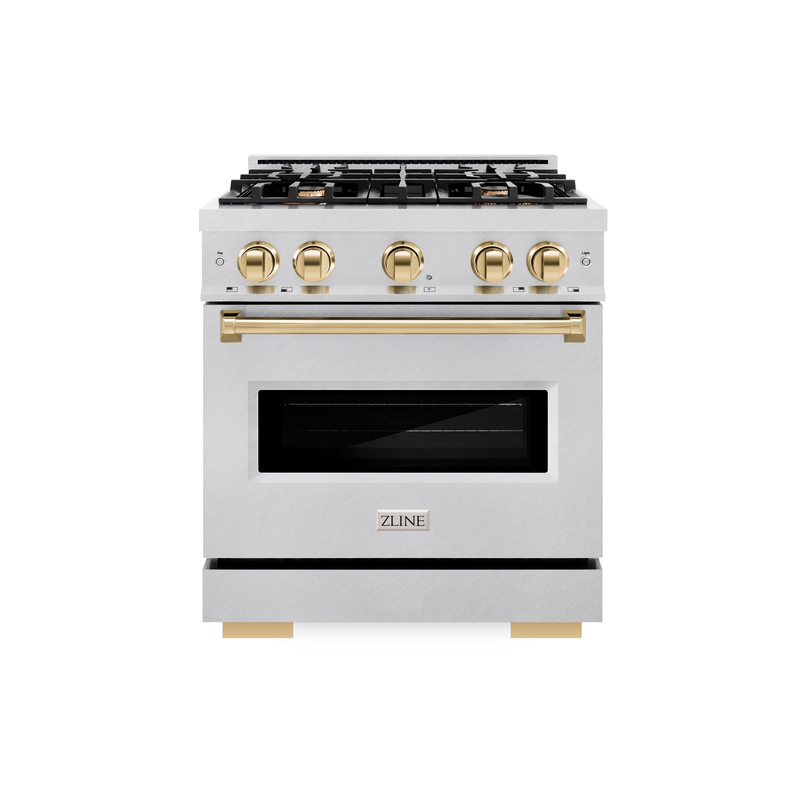 ZLINE Autograph Edition 30 in. 4.2 cu. ft. Classic Dual Fuel Range with 4 Burner Gas Cooktop and Electric Convection Oven in DuraSnow' Stainless Steel with Polished Gold Accents (CDRSZ-30-G)