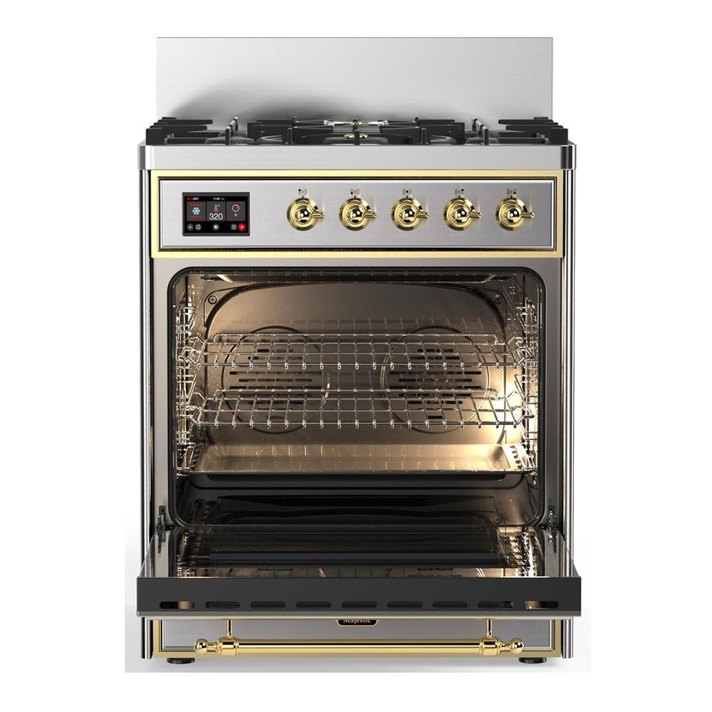 ILVE UM30QNR3SSG Majestic III 30 inch Dual Fuel Range with 5 Black Brass Burners, Dual Function Burner up to 25,000 BTU (Natural Gas, Solid Door, Stainless Steel, Brass)